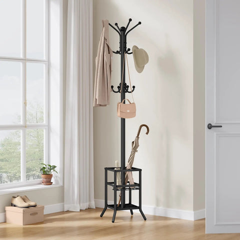 Freestanding Coat Rack With Umbrella Holder And 12 Metal Hooks Three Tier Tree Coat Stand for entryway, sturdy black finish