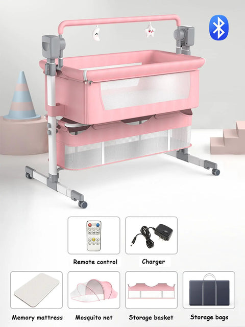 Smart Electric Baby Bedside Crib And Bluetooth Bassinet For Room Sharing With Automated Remote Control Smooth Swaying Motion And Built In Lullabies For A No Sweat Parenting Vibe Pink, featuring remote control and storage basket.
