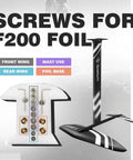 F200 Hydrofoil Board Kit with Aluminum Alloy Foil Wing, screws and parts labeled for assembly, detachable mast shown
