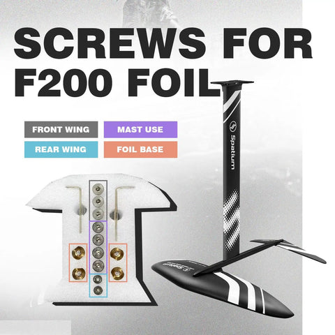 F200 Hydrofoil Board Kit with Aluminum Alloy Foil Wing, screws and parts labeled for assembly, detachable mast shown
