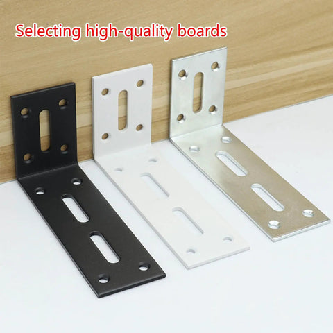 Heavy Duty L Bracket Shelf Mount in cold rolled steel, black, white, and silver variations, wall corner brace for books and tools.