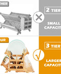 Heavy Duty Bamboo Dish Drying Rack Three Tier Collapsible Wooden Drainer With Utensil Holder showcasing larger capacity compared to 2-tier rack.