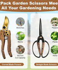 Two Piece Garden Pruning Shears Set with Pro Grade SK5 Blade Pruner and Precision Garden Scissors with walnut handles displayed