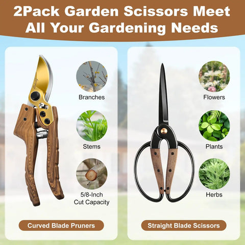 Two Piece Garden Pruning Shears Set with Pro Grade SK5 Blade Pruner and Precision Garden Scissors with walnut handles displayed