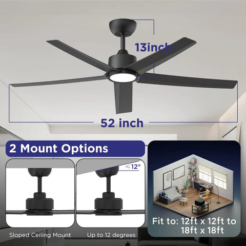 52 Inch Black Ceiling Fan With Light And Remote Control 3CCT Quiet DC Motor 5 Blade Modern Farmhouse Style Ideal For Living Room