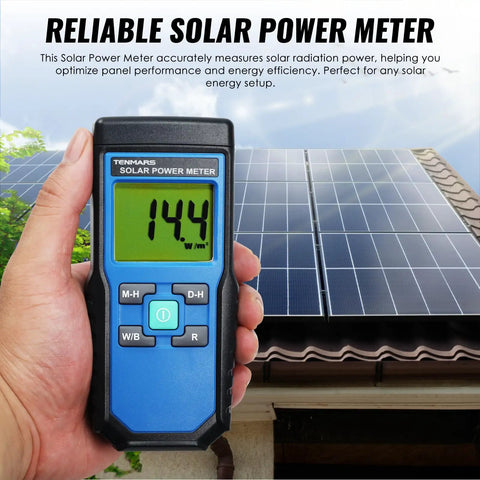 Handheld Solar Irradiance Meter For Real World Sun Readings, Digital Solar Power Meter With 2000 W/m2 Range in front of solar panels