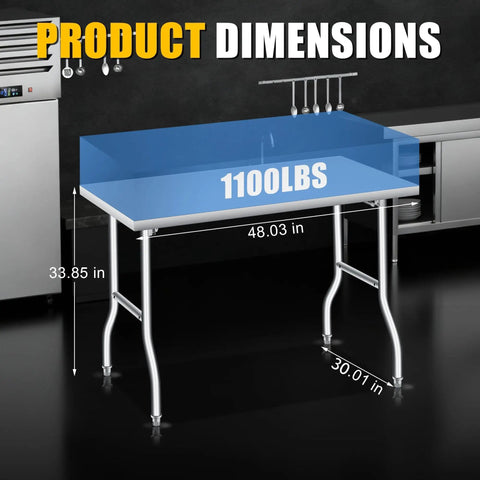 Foldable Stainless Steel Table 48x30 Inch Rock Solid Heavy Duty Portable Workstation dimensions 1100 lbs capacity