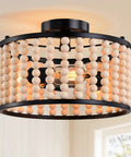Boho Three Light Wood Beaded Chandelier Semi Flush Mount Ceiling Light in White, metal frame, warm ambient glow in a room setting