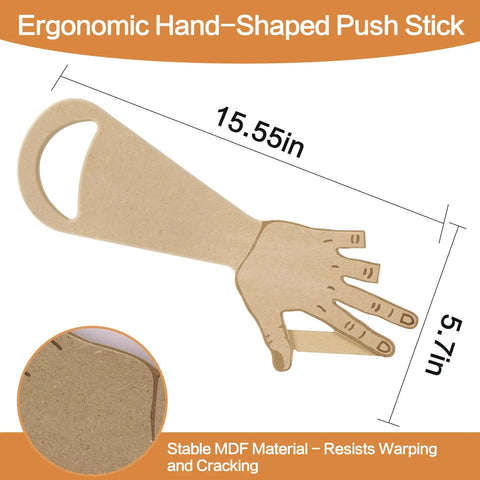 Ergonomic Hand Shape Table Saw Push Stick With Missing Finger Design for safer woodworking, made of MDF, 15.55x5.7 inches.