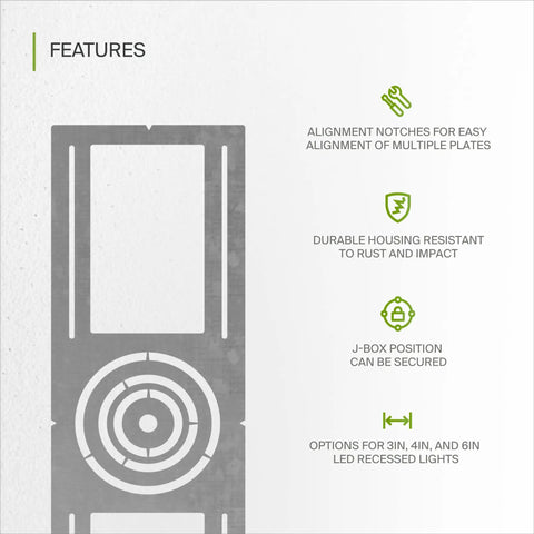 Universal New Construction Recessed Light Mounting Plate For 3 4 6 Inch LED Fixtures With Round Hole displaying features list.