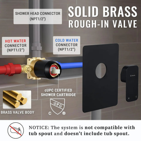 Solid brass rough-in valve with connectors for Matte Black Shower Faucet Set With Dual Square Heads And Handheld Wand No-Fuss Complete Kit