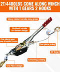 2 Ton Heavy Duty Come Along Winch With Ratchet Chain For Quick Lifts And Steady Pulls In The Garage Or On The Job Site A Solid Workhorse For Light To Medium Duty Towing And Lifting Tasks. 2T winch with wire rope, hooks, and rubber handle