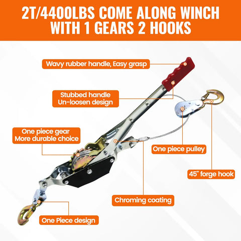 2 Ton Heavy Duty Come Along Winch With Ratchet Chain For Quick Lifts And Steady Pulls In The Garage Or On The Job Site A Solid Workhorse For Light To Medium Duty Towing And Lifting Tasks. 2T winch with wire rope, hooks, and rubber handle