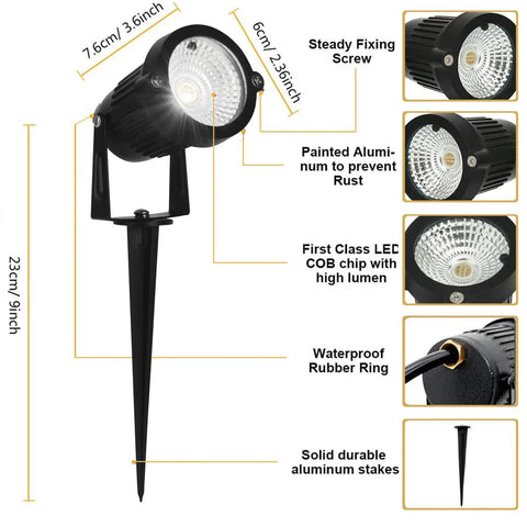 RGB Landscape Lighting Kit 8 Pack 5W Low Voltage 12V Outdoor LED Spotlight With Remote Control IP66 Waterproof Garden Pathway Lights 600 Lumens 90 Degree Beam 270 Degree Adjustable Heads highlighting key features and dimensions