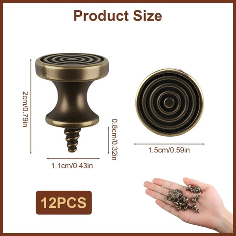 12 Piece Small Drawer Knobs Set Mini Round Cabinet Pulls showing size dimensions and hand holding knobs