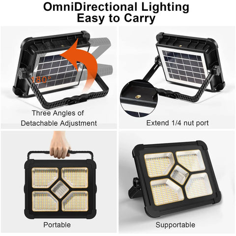 Portable LED Work Light With Solar Power 200W Bright, 20600mAh Battery Delivers 20000 Lumens, IP66 Waterproof, adjustable angles