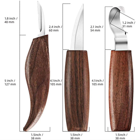 7 In 1 Wood Carving Kit For Beginners With Hook Knife Whittling Knife Grain Tool showing knife measurements