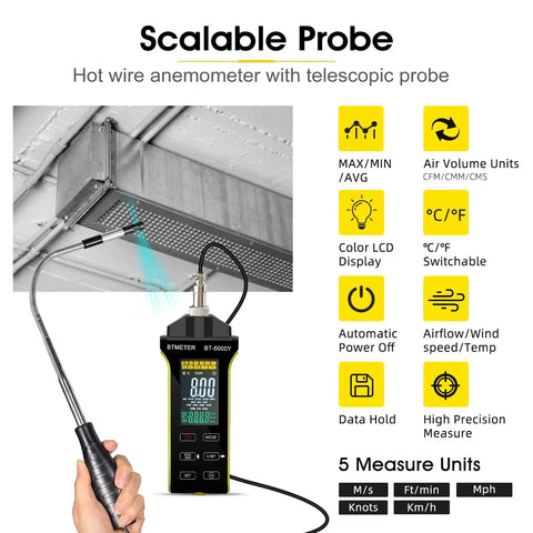 3 In 1 High Precision Digital Hot Wire Anemometer For Air Velocity And Air Flow With CFM CMM Readouts, 0.2 To 67 MPH Range, Temperature 32 To 113 F, Pro Grade Speed And Volume Diagnostics., telescopic probe in HVAC duct