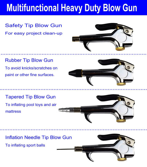 Multifunctional heavy duty blow guns, including safety tip, rubber tip, tapered tip, and inflation needle tip for versatile use.