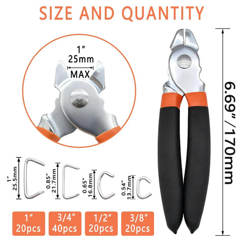 Beefy Hog Ring Pliers Kit With 100 Pcs Galvanized Rings sizes 3/8, 1/2, 3/4, 1 inch for Auto Upholstery, shown against measurement.