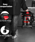 Person carrying No Sweat 5 Gallon Stainless Steel Wet Dry Vacuum featuring 4.5 Peak Horsepower Motor with top handle design.
