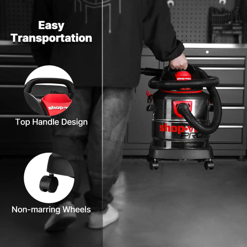 Person carrying No Sweat 5 Gallon Stainless Steel Wet Dry Vacuum featuring 4.5 Peak Horsepower Motor with top handle design.