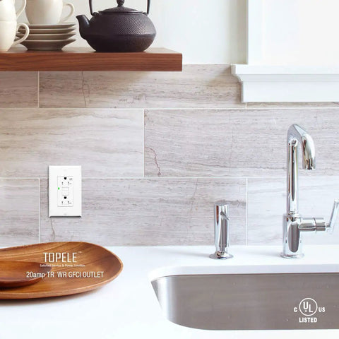 20 Amp GFCI Outlet 125 Volt Tamper Resistant Weather Resistant Receptacle With LED Indicator Lights Pack Of 10 White UL Listed installed on kitchen wall