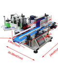 High Speed Automatic Round Bottle Labeling Machine With Desktop Conveyor Setup dimensions shown from multiple angles.