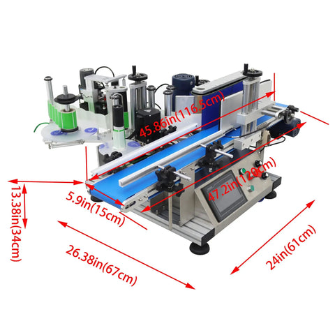 High Speed Automatic Round Bottle Labeling Machine With Desktop Conveyor Setup dimensions shown from multiple angles.