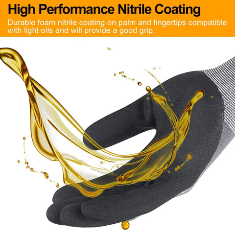 Grip Ready MicroFoam Nitrile Coated Work Gloves, black seamless knit nylon, showing oil-resistant coating