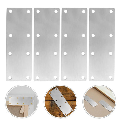 4 Pack Stainless Steel Flat Brace Mending Brackets Heavy Duty Fixing Plates For Easy Furniture Repair And Shelf Connector Corner Joint Anchors To Secure Cabinets And Woodwork Silver, shown in different applications and angles.