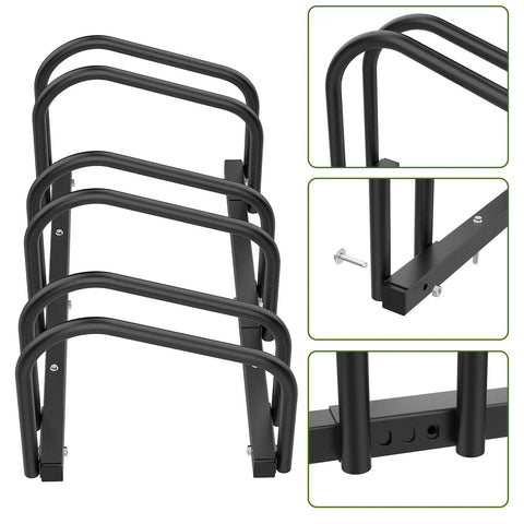 Three Bike Floor Stand For Garage And Home, No Fuss Parking Rack For Indoor Outdoor Storage, Fits 22 To 28 Inch Wheels