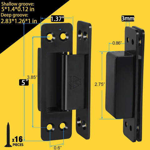 Hidden Door Hinge Set 5 Inch Pack of 2 in 304 Stainless Steel Invisible Concealed Hinge Heavy Duty Silent Smooth for Left or Right Hand Doors With No Visible Pins For Seamless Look And Quiet Close, dimensions labeled 5 inches and 2.75 inches, black finish shown in side view.