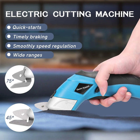 Cordless Electric Scissors With Knockout Power For Zero Fuss Fabric Cutting And Cardboard Trimming Featuring Dual Angle Blades, detailed view with 45 and 75 degree blades.