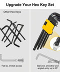 Premium Metric Allen Wrench Set Features Ball End Long Arm Hex Keys With Smooth Chamfered Tips For Tight Spaces And Quick Insertion In 9 Piece Tool Kit black hex keys in yellow holder showing 25° ball end access