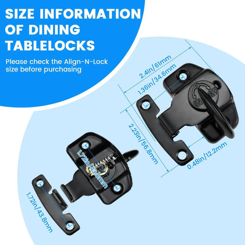 Size information of Sturdy Spring Table Locks Pair Designed Tight For Snappy Folding, Heavy Duty Zinc Alloy Drop Leaf connectors.