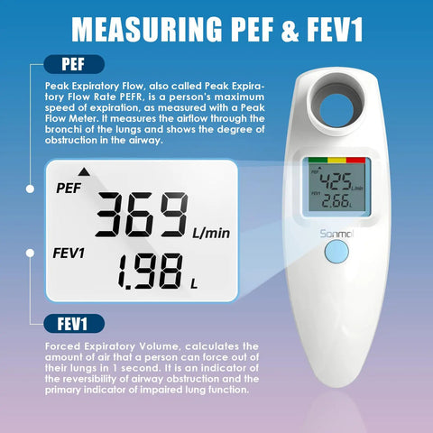 Digital Peak Flow Meter With Color Indicators For PEF And FEV1, Clinical Grade Lung Function Tester With Differential Pressure Sensor, Home Use Asthma Monitoring, Easy Readouts For Accurate Daily Breath Tracking, white handheld display