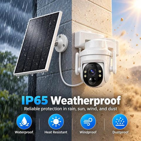 Wireless Outdoor Solar Security Camera 3MP HD with solar panel mounted on a wall, showcasing IP65 weatherproof features.