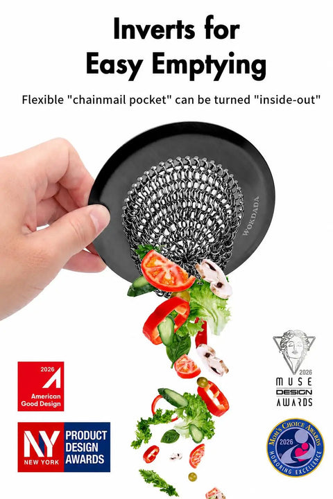 Zero Hassle Kitchen Sink Drain Strainer Featuring A Patent Flip Bottom Design And Sleek Black Chain Mesh Basket with food scraps falling.