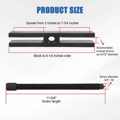 Product size details of Hardcore Auto Gear And Pulley Puller Set With Shaft Protector, showing dimensions and screw specifications.