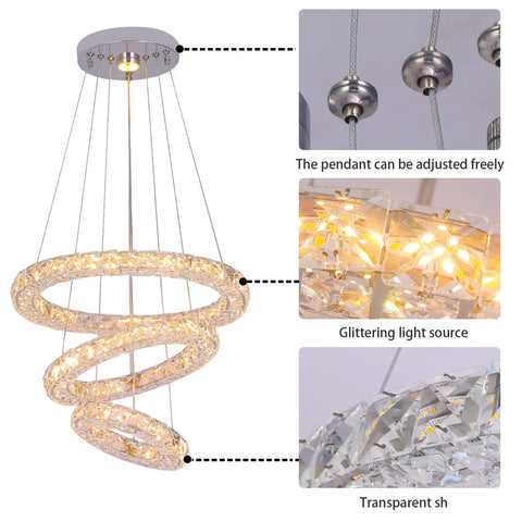 Three Ring Modern Crystal Flush Mount Chandelier With Changeable LED Color Temperature Adjustable 15.7 11.8 7.8 Inches Three Ring Light DIY Ceiling Fixture For Living Room Hotel And Office Bright Clear Crystal Glow showing adjustable pendant and glittering light source.