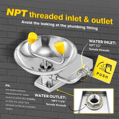 Must Have Wall Mounted Eyewash Station That Is OSHA Approved Emergency Eye Wash With Stainless Steel Bowl NPT Threads and Sign