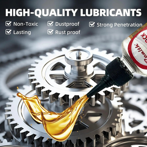 Door Hinge Lubricant 1 Oz No More Squeaks Squeaky Fix Lube oiling metal gears, highlighting features like non-toxic and rust proof