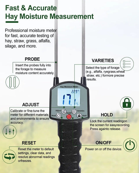Hay Moisture Tester With Long Probe, Portable Bale Moisture Meter, stainless steel probe and LCD display for hay, alfalfa, grass