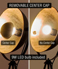 Lit Modern Tripod Floor Lamp in Black Finish with Gold Foil Circular Shade showing removable center cap with 9W LED bulb.