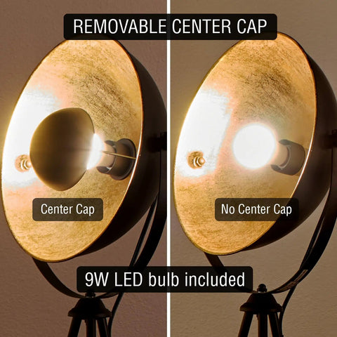 Lit Modern Tripod Floor Lamp in Black Finish with Gold Foil Circular Shade showing removable center cap with 9W LED bulb.