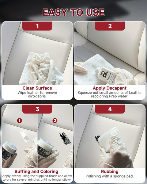 Steps to use White Leather Recoloring Balm Kit For Tesla Interiors Dope 8-Piece Leather Scratch And Color Restorer DIY