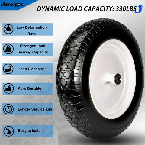 Flat Free Wheelbarrow Tire And Wheel 14.5 Inch 4.80/4.00-8 With 5/8 Bore, checkered tread, 3 inch centered hub, 330lbs load.