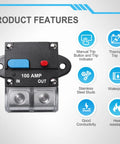 Heavy Duty 100 Amp Circuit Breaker With A No Hassle Manual Reset Lever Waterproof Housing And Rock Solid Terminals Rated For Rvs Boats Trolling Motors Truck Gear Solar Banks And Dc Battery Pack Installations displayed with features.