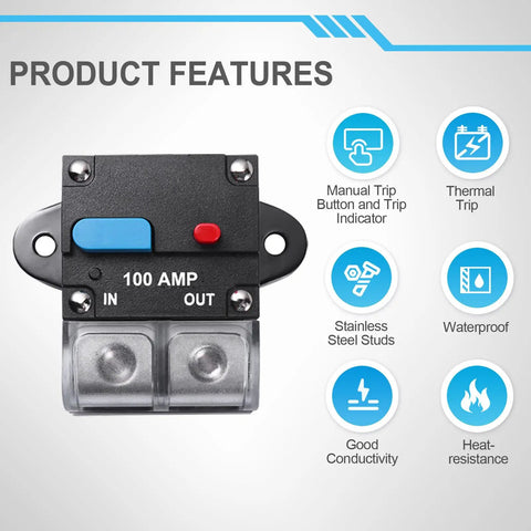 Heavy Duty 100 Amp Circuit Breaker With A No Hassle Manual Reset Lever Waterproof Housing And Rock Solid Terminals Rated For Rvs Boats Trolling Motors Truck Gear Solar Banks And Dc Battery Pack Installations displayed with features.